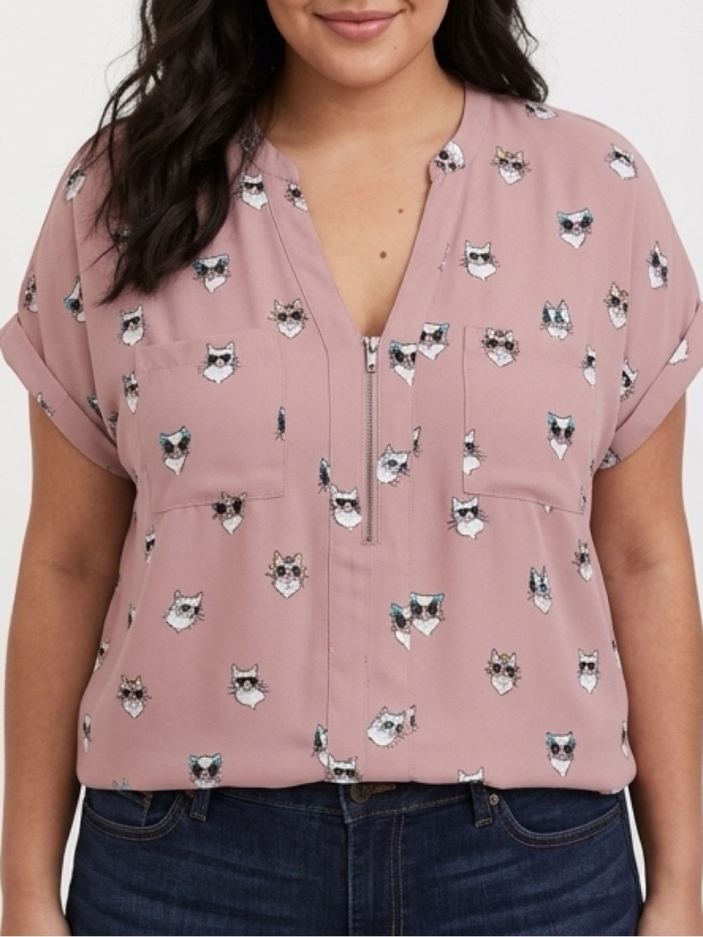torrid Rose Mauve Floral-Print V-Neck Blouse - Picture 3 of 13